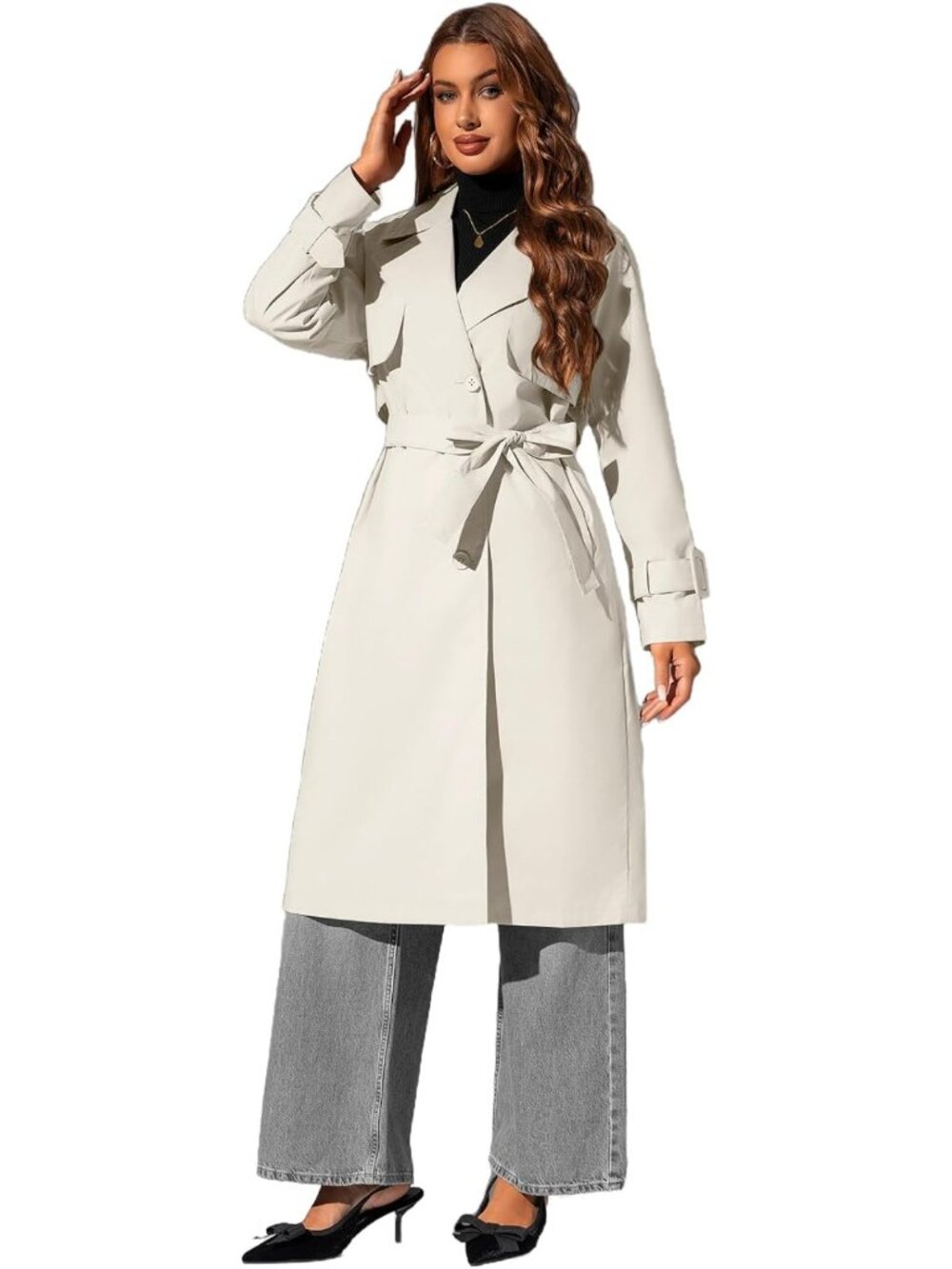 Classic Long Windproof Trench Coat for Women | Stylish Belted Waist Design